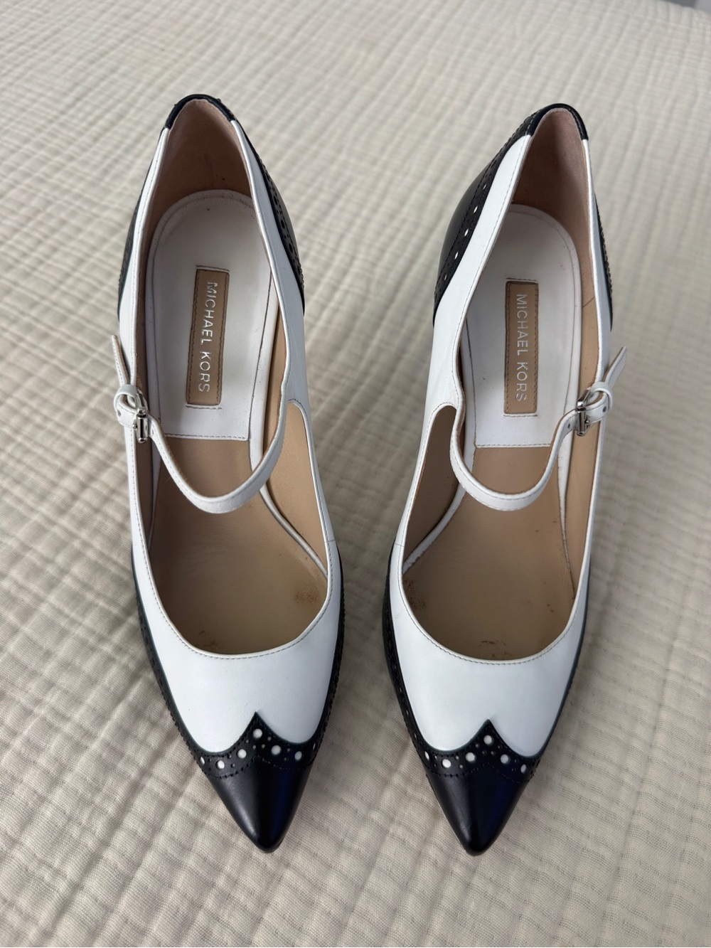 Michael Kors Black and White Mary Jane Pointed Toe Heels